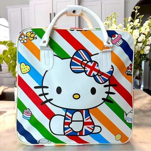 Hello Kitty Lightweight Large Travel Bag Tote UK Union Jack Rainbow Vegan Lthr - Picture 1 of 4